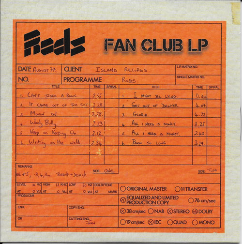 Eddie and The Hots Rods Fan club lp cover